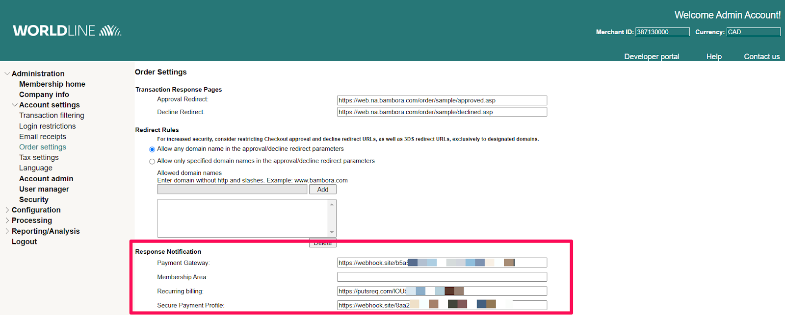 Screenshot of the Worldline member area