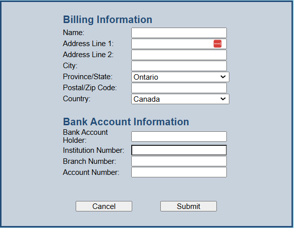 Example of a web form for collecting bank account information