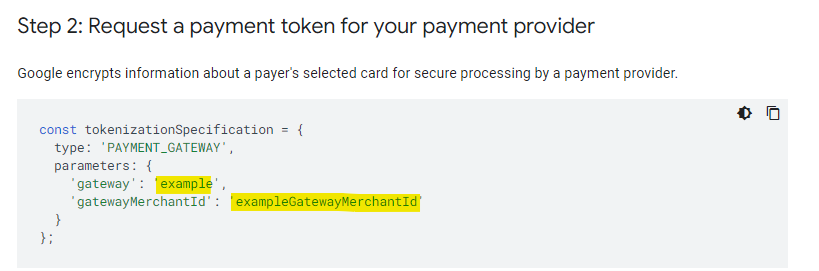 Screenshot of a request payment token code snippet