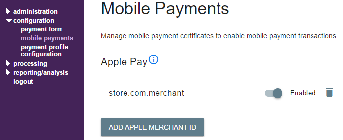 Screenshot of the mobile payments screen