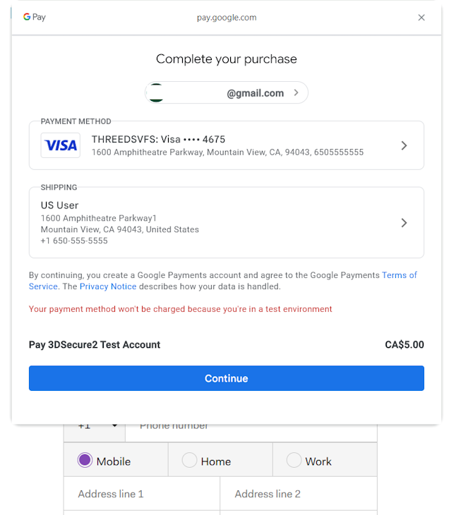 Screenshot of Google Pay payment sheet on Hosted Checkout